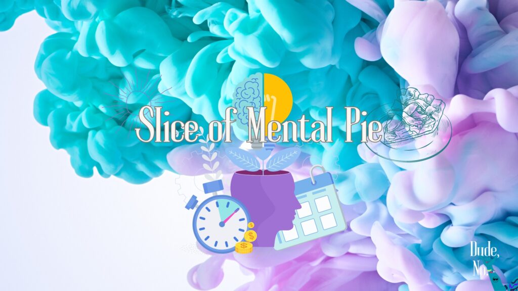 Slice of Mental Pie Written on top of abstrack background and profile of a head facing the right with a calendar behind it and a clock directly behind the head itself a brain lightbulb growing from the inside of the profiled head.